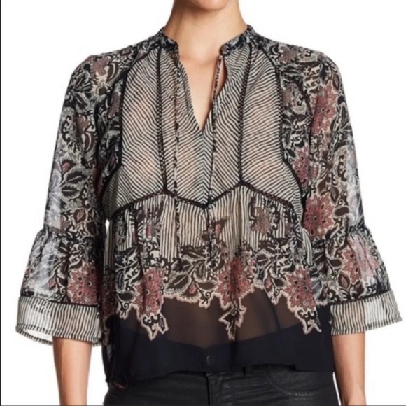 NWT Lucky Brand Blouse Mixed Print Blouse Boho 3/4th Bell Sleeve Floral Striped - Picture 6 of 10